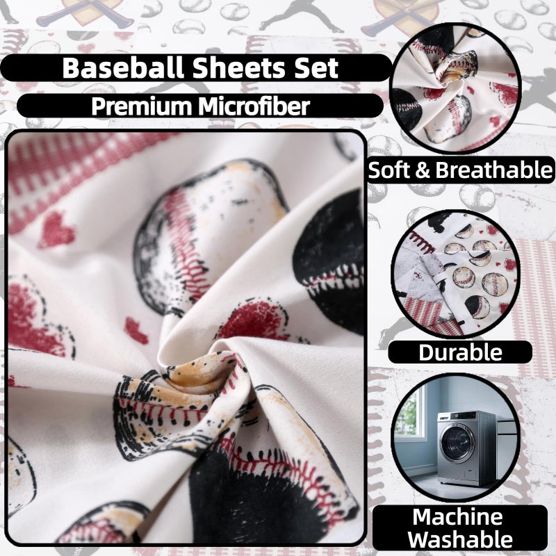 SDIII 4 Piece Baseball Sheets Twin Size Set Soft Microfiber Sports Twin Sheets Set Kids Sport Themed Bedding Sheet for Boys Girls Teens and Toddlers - Image 3